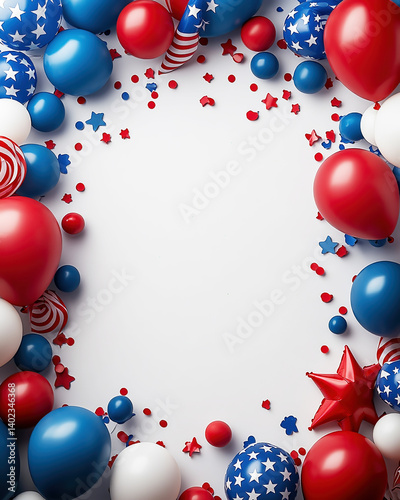 4th of July border with balloons in red, white and blue around negative space, copy space, for your message.