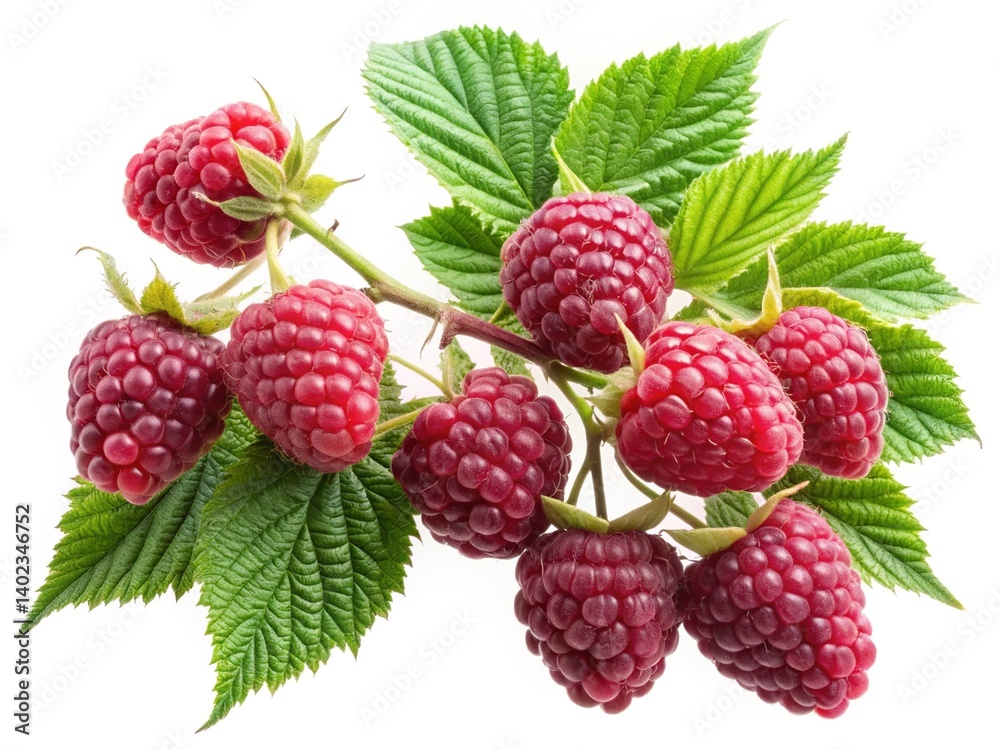 A Branch of Fresh Ripe Raspberries with Lush Green Leaves Isolated on White Background A Branch of Fresh Ripe Raspberries with Lush Green Leaves Isolated on White Background
