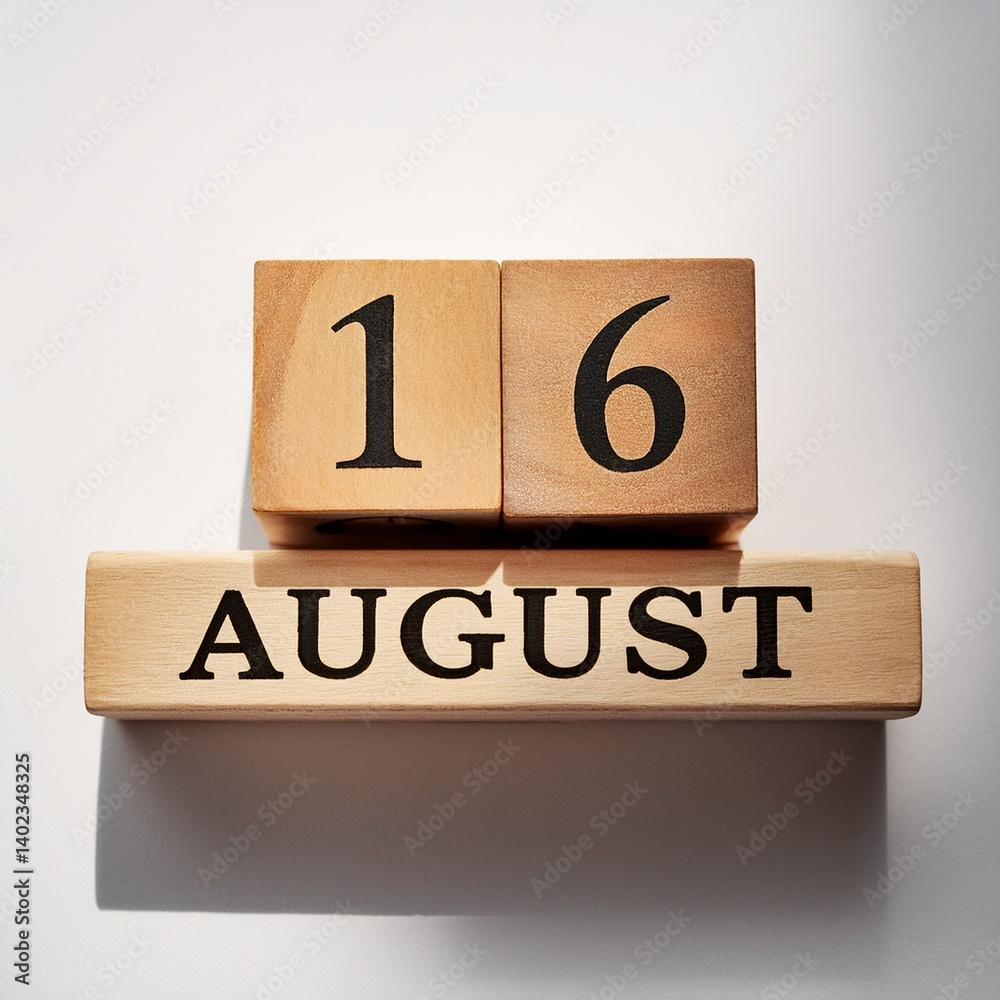 Minimalist photo of wooden blocks with date 16 August. Day and month, calendar on white background Minimalist photo of wooden blocks with date 16 August. Day and month, calendar on white background