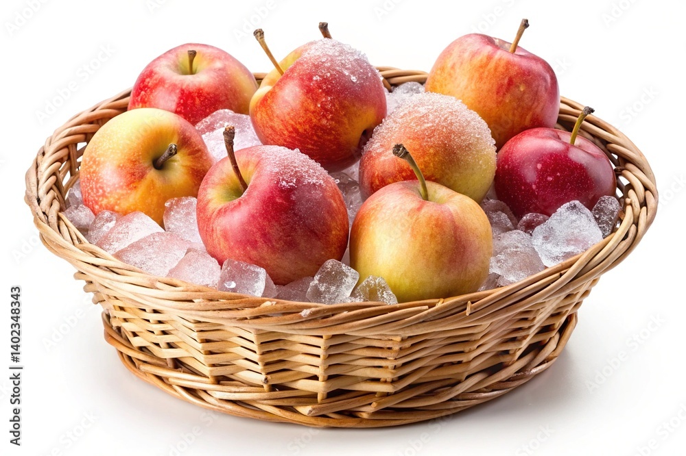 A wicker basket filled with red and yellow apples surrounded by ice cubes A wicker basket filled with red and yellow apples surrounded by ice cubes