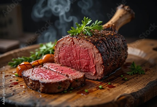 A set of photos featuring different types of meat dishes, including beef and pork steaks and a large group platter with various meats.