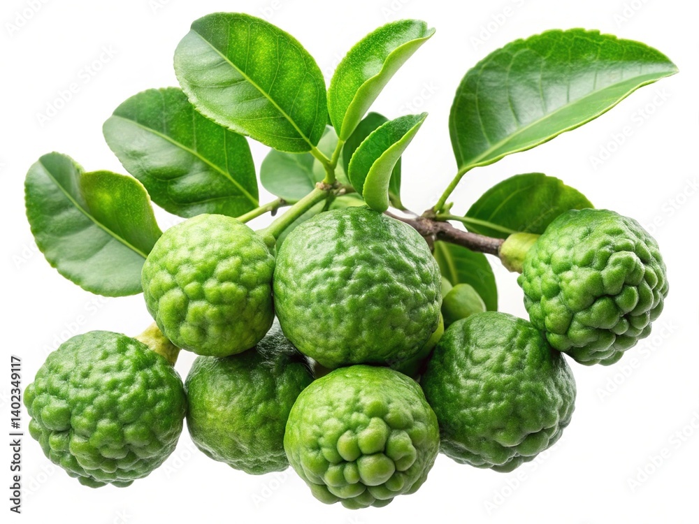 Fresh Kaffir Lime Fruits on Branch with Lush Green Leaves Isolated on White Background Fresh Kaffir Lime Fruits on Branch with Lush Green Leaves Isolated on White Background