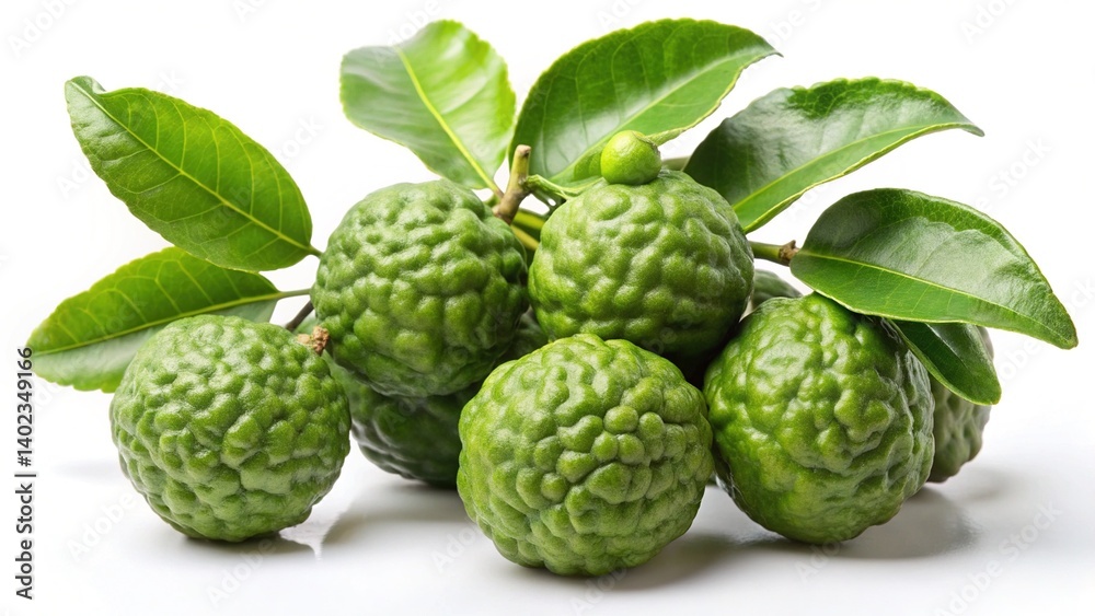 Fresh Kaffir Lime Fruits with Green Leaves on White Background Closeup Still Life Fresh Kaffir Lime Fruits with Green Leaves on White Background Closeup Still Life