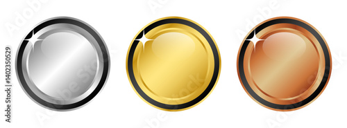 Award golden, silver and bronze blank medals 3d vector realistic illustration. First, second and third place medals or buttons isolated on white background. Quality blank, empty badge, emblem set.