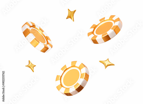 3d flying golden casino poker chips with stars. Stock vector illustration on isolated background.