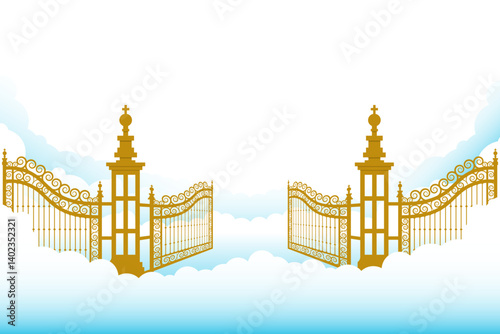 Entrance to paradise, open gate. leading to to the wrought iron gates.background with fluffy clouds. White end. Vector