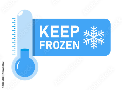 Frozen product label set. Keep frozen snowflake and thermometer. Storage in refrigerator and freezer. Vector illustration