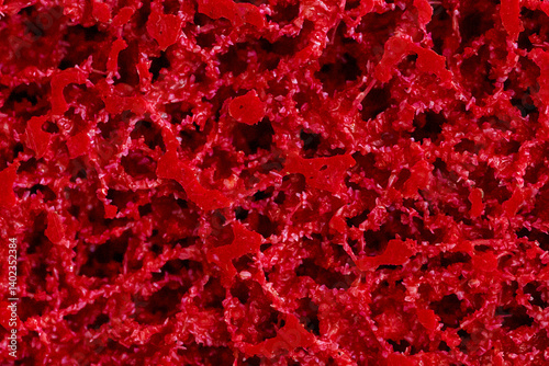 orous structural surface close-up, red background, grinding wheel, macro insert of porous spongy surface