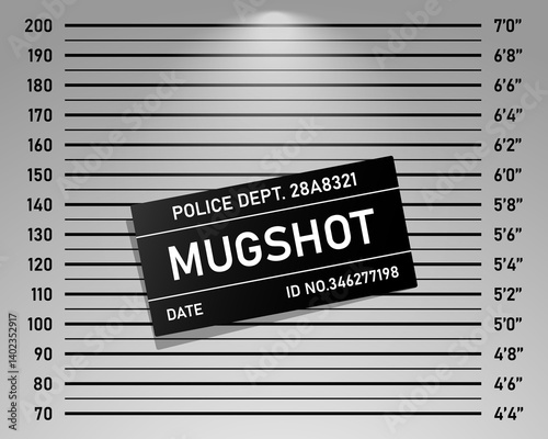 Police mugshot template. Vector background set of police lineup (centimeter scale and inch unit) or mugshot board with text signs for criminals photo. Criminal height wall. Identification frame photo