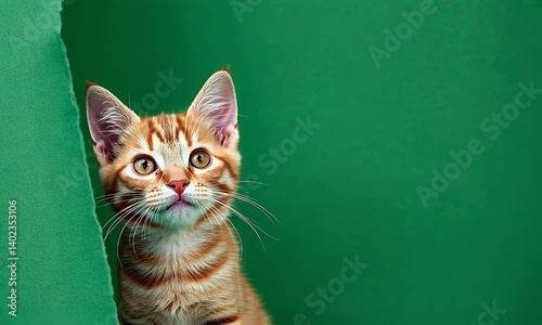 green screen video features playful orange kitten exploring edges of flat background with wide eyes and gentle motion