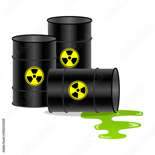 Radioactive waste in barrels Industrial environmental pollution with toxic and chemical waste. Vector illustration