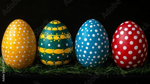 Four colorful decorated easter eggs on a black background. photo