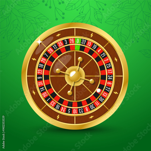 Golden casino roulette wheel with wood desk and cells Vector illustration for casino, game design, advertising