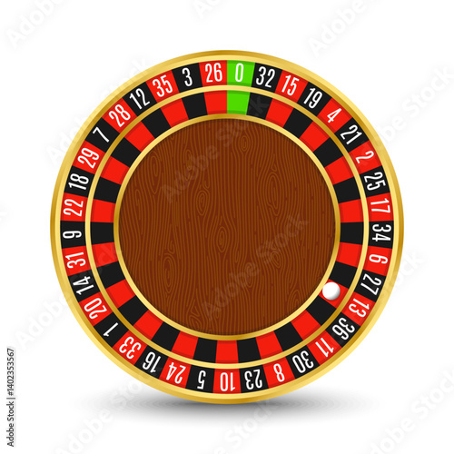 Golden casino roulette wheel with numbers and cells on white background with golden light, rays, glare, sparkles. illustration for casino, game design, advertising