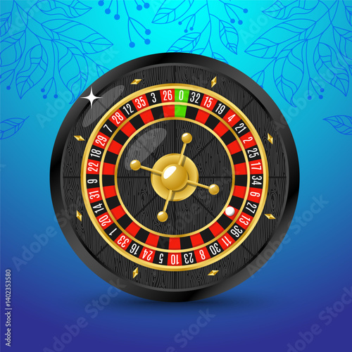 Black Golden casino roulette wheel with wood desk and cells Vector illustration for casino, game design, advertising