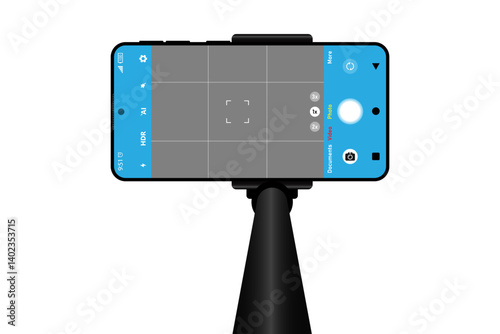 Selfie stick with smartphone camera interface screen for your design.