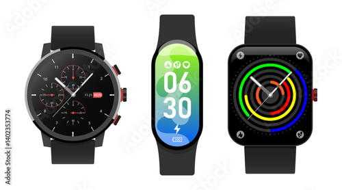 Smartwatch collection, realistic icons isolated on white, technology electronic gadgets, wrist watch vector illustration, interesting modern electronic bands set