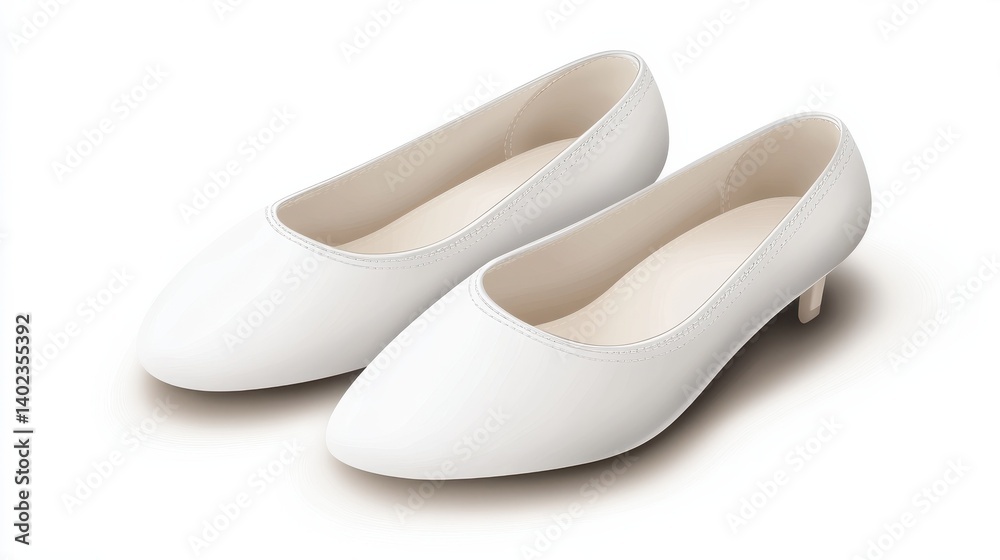 A simple pair of white leather ballet flats on solid white background, single object illustration A simple pair of white leather ballet flats on solid white background, single object illustration