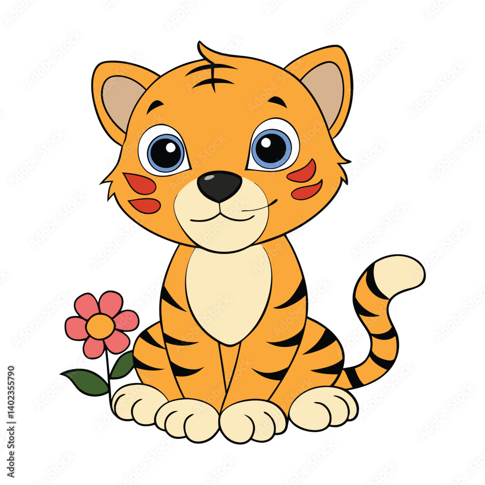 Fototapeta premium A cute tiger cub surrounded by colorful flowers, with its playful eyes and soft fur, creating an adorable and peaceful scene of nature's beauty and innocence.