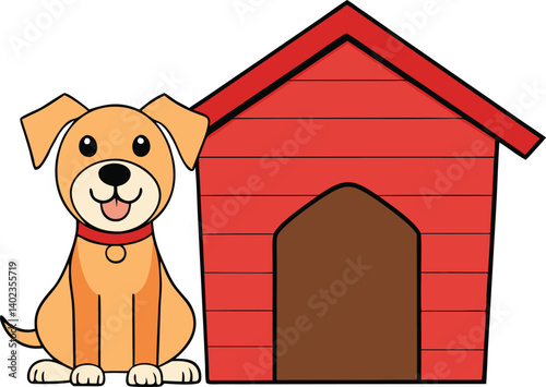 A cute dog stands happily in front of its kennel, with bright eyes and a wagging tail. Its fur is soft, and it looks eager for attention and playtime in the sun.