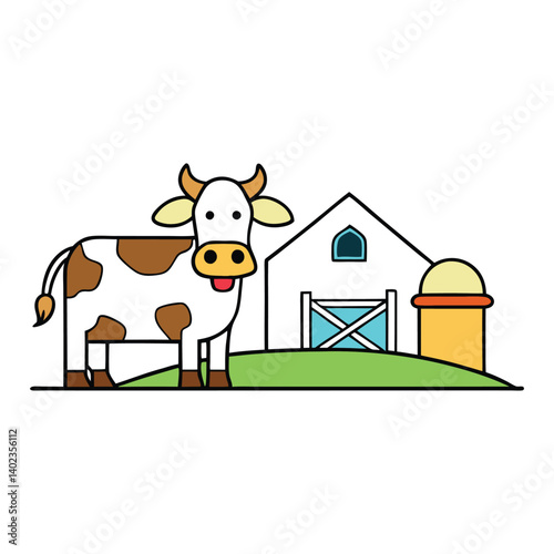 A calm alpine cow grazes near a mountain farm, surrounded by fresh grass and crisp air, producing rich, natural milk in a peaceful, picturesque setting.