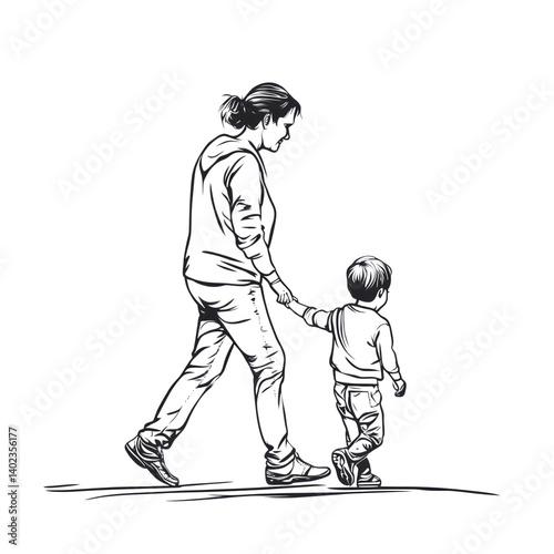 black and white line drawing of mom and kid walking together, side view, clean vector look, isolated
