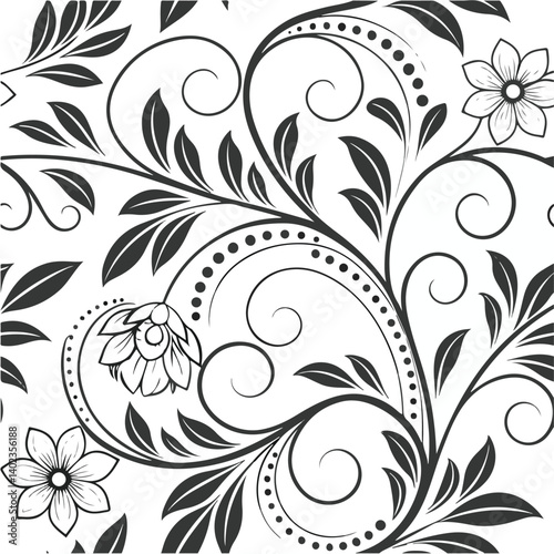 Elegant black and white seamless floral pattern with swirling leaves and ornamental flowers for decorative design

