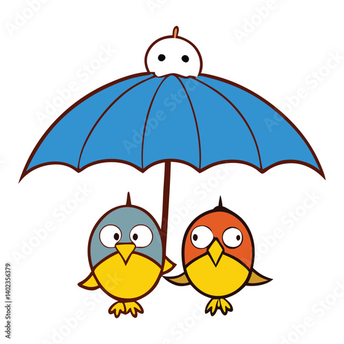 Birds huddle under a colorful umbrella, feathers fluffed, finding shelter from the rain—tiny wings tucked close in a cozy, heartwarming moment.