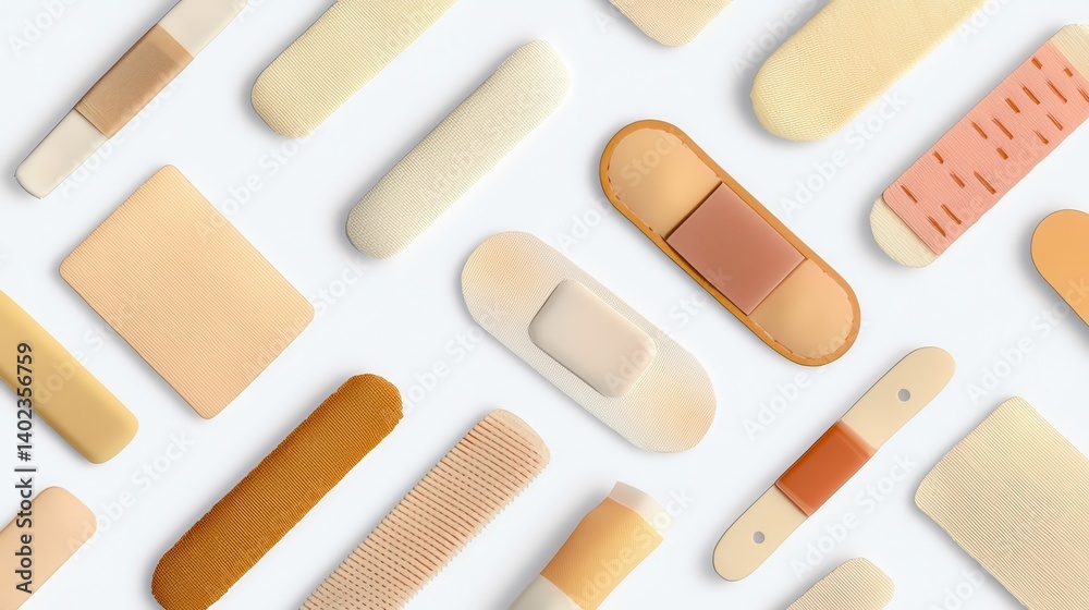 Flat lay of various adhesive bandages on a white background, showing different shapes and sizes. illustration Flat lay of various adhesive bandages on a white background, showing different shapes and sizes. illustration