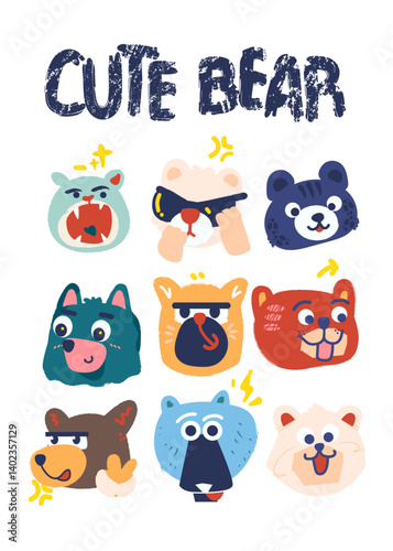 Cute Cartoon Bear Face Expressions Set - Illustration Pack