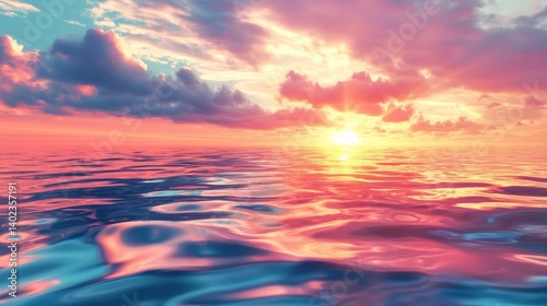 A tranquil seascape captures the beauty of a sunset reflecting on calm waters, blending soft pinks and blues. The serene atmosphere evokes feelings of peace and relaxation.