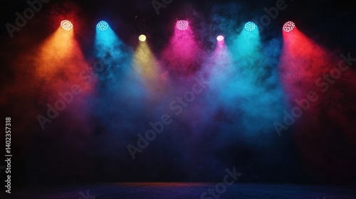 Colorful stage lights illuminate a dark space, creating a vibrant and energetic atmosphere. The mix of colors and smoke enhances the feeling of excitement and anticipation.