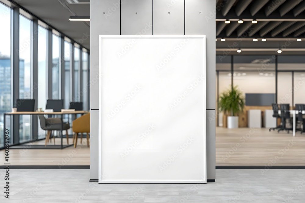 Blank poster mockup in sleek office hallway with glass walls and contemporary furniture. Realistic vertical display for corporate branding or information board.