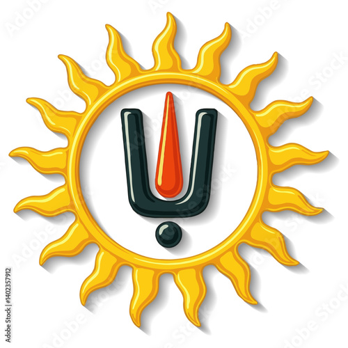 Vector illustration of Tirupati Balaji Tilak symbol inside a radiant sun. Spiritual, divine, cultural, sacred, Indian, Hindu, glossy, Tilak, sun, religious, Balaji,  symbolic, traditional, Hindu