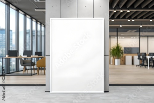 Obraz na płótnie Blank poster mockup in sleek office hallway with glass walls and contemporary furniture. Realistic vertical display for corporate branding or information board. w salonie