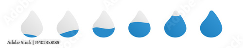 Fill droplet icon set. Progress drop sign. Droplet icon in vector design style. Saturation water indicator illustration. Water volume. Moisture