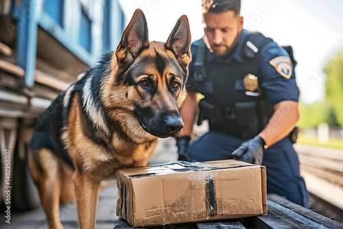 Focused Police K9 Unit and Officer Inspecting Suspicious Package