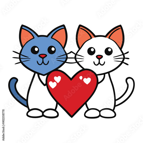 Two adorable cats cuddle close, tails entwined in a heart shape, eyes full of love under a moonlit sky—a purr-fect symbol of feline romance and sweet companionship.