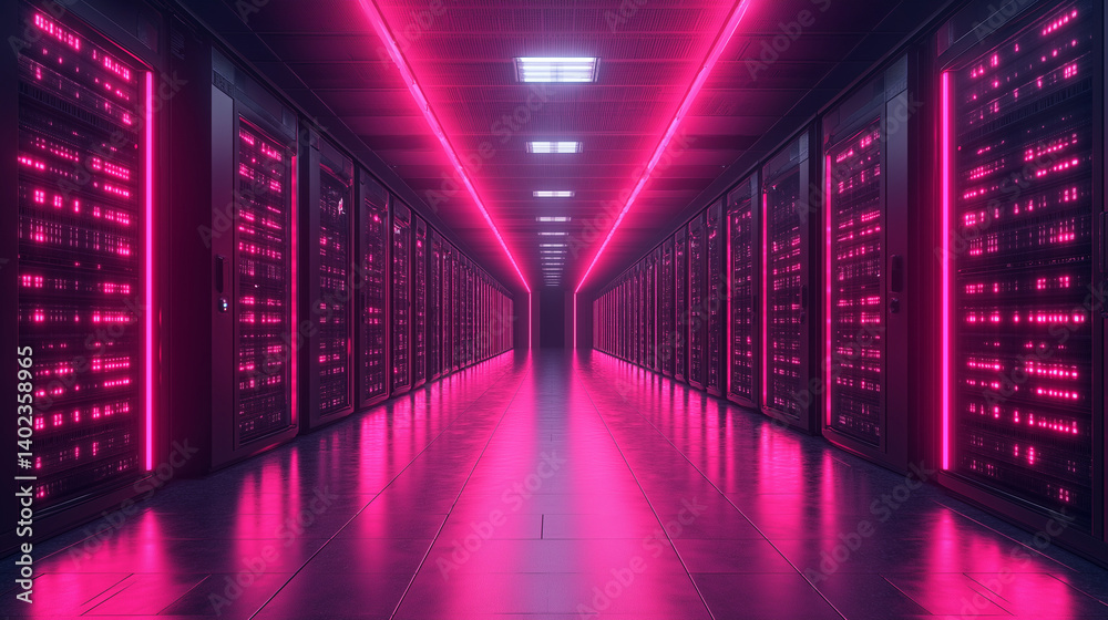 Neon Server Room: A futuristic and vibrant server room bathed in electric pink neon lights. The sleek black server racks line the long corridor, creating a sense of power and technology. Neon Server Room: A futuristic and vibrant server room bathed in electric pink neon lights. The sleek black server racks line the long corridor, creating a sense of power and technology.