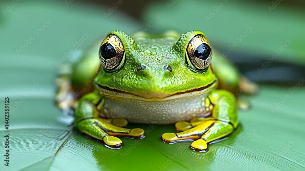 A vibrant green frog resting on a lily pad its eyes alert and its skin reflecting the water droplets