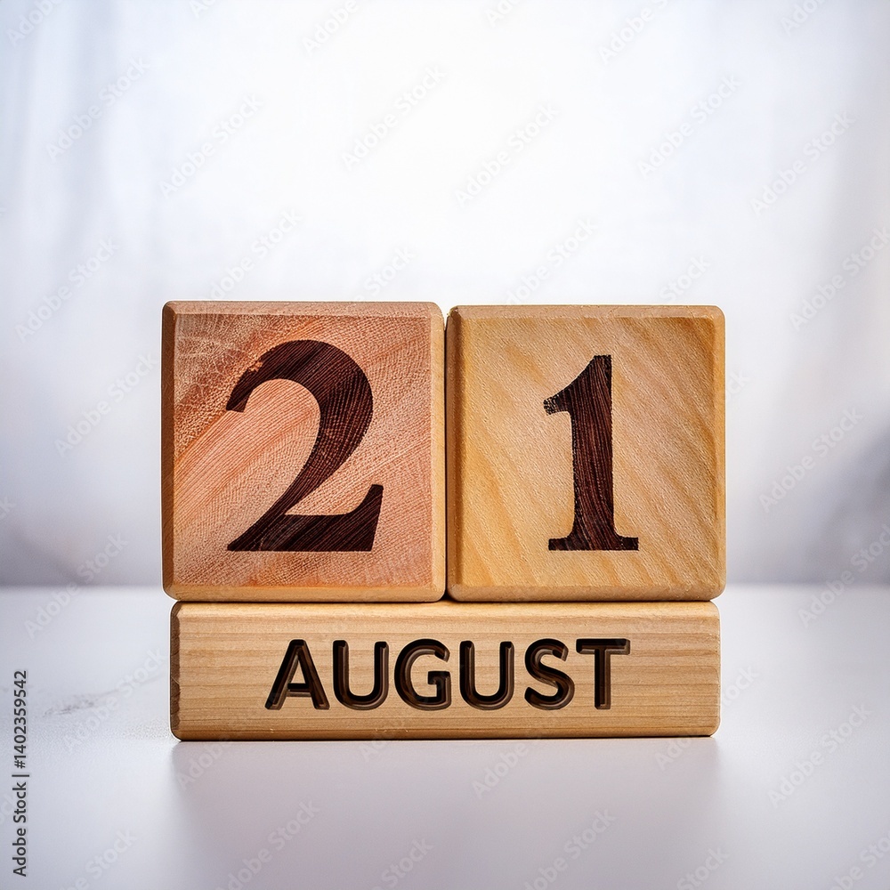 Minimalist photo of wooden blocks with date 21 August. Day and month, calendar on white background Minimalist photo of wooden blocks with date 21 August. Day and month, calendar on white background