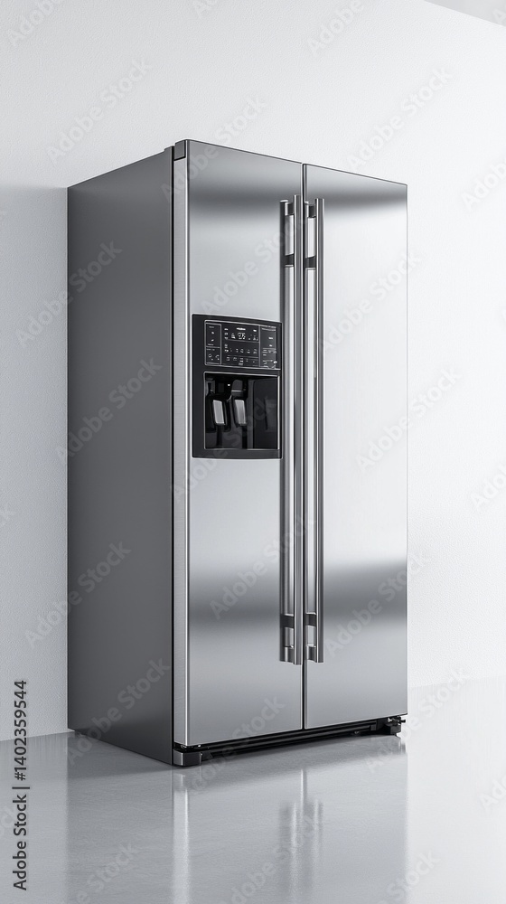 A silver refrigerator with a water dispenser on the door