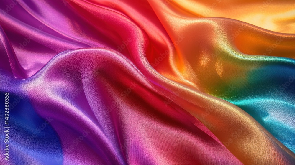 Obraz premium Abstract close-up of vibrant, shimmering iridescent fabric in rainbow hues, showing smooth waves, folds, and glossy reflective surface. illustration