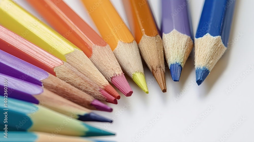 Closeup of colorful sharpened pencils arranged in a circular pattern on a white background Closeup of colorful sharpened pencils arranged in a circular pattern on a white background