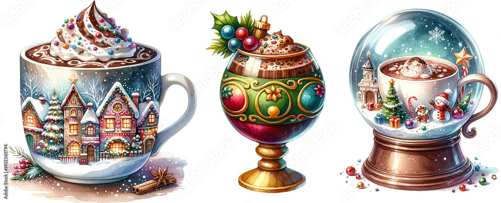 Fototapeta premium Christmas Mug Clipart Set Watercolor Hot Cocoa Mugs with Holiday Decorations Cute Winter Drink Illustrations
