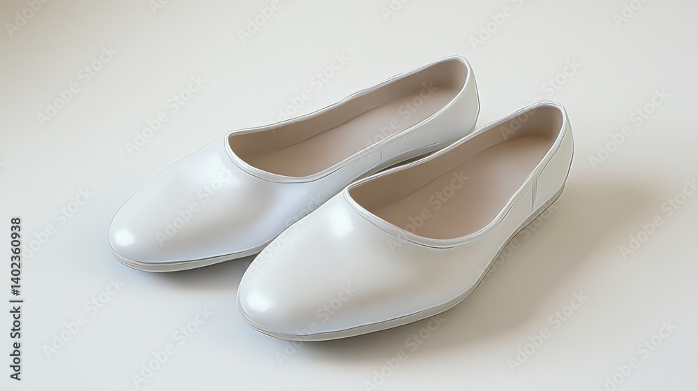 A simple pair of white leather ballet flats on solid white background, single object illustration A simple pair of white leather ballet flats on solid white background, single object illustration