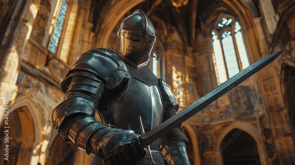 Knight in shining armor stands ready in a grand historic hall during a medieval reenactment event