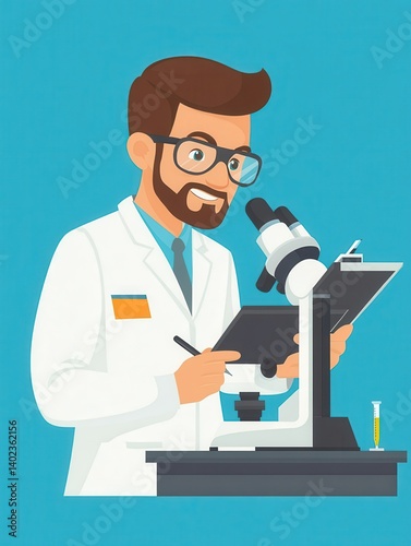 Caucasian male scientist holding pen and clipboard looking through a microscope in his laboratory illustration