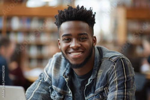 Portrait of young Black male student sitting in university library at table with a laptop computer ad smiling at camera, Generative AI
