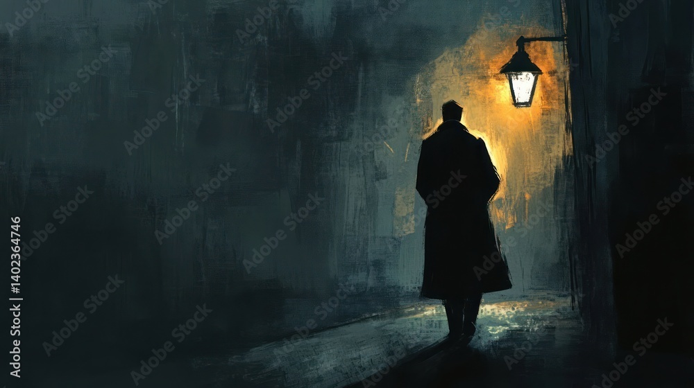 Mysterious figure walking alone in a dimly lit alley illuminated by a streetlamp at night Mysterious figure walking alone in a dimly lit alley illuminated by a streetlamp at night